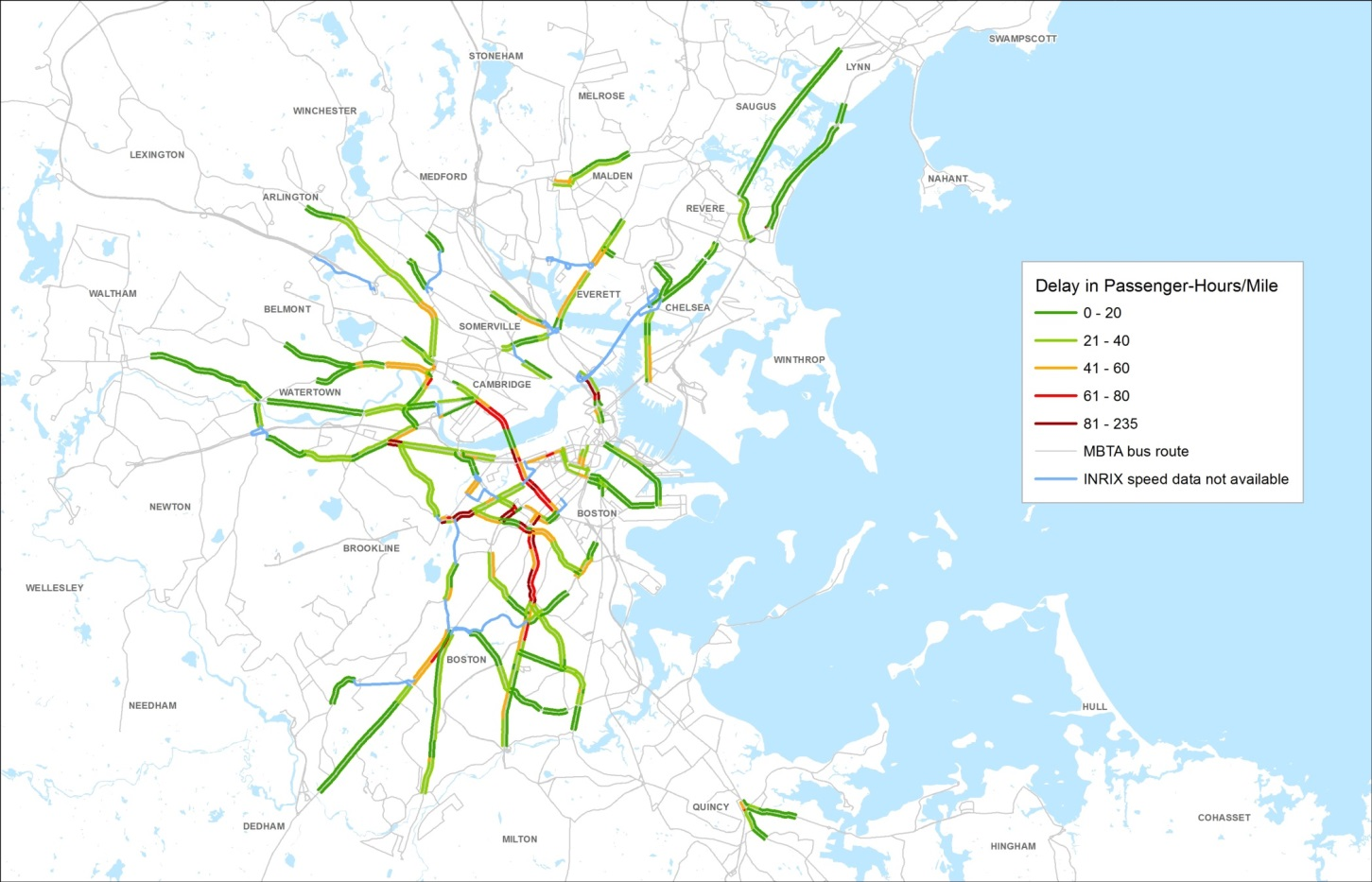 Maps showing congestion-related delay on high-ridership corridors