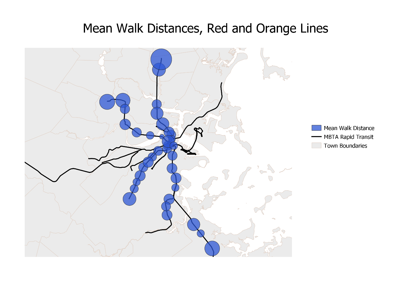 An image of the mean walk distances for the Red and Orange Lines. Walk distances are longer on the terminals.