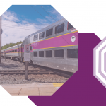 Decorative image from the cover of the Commuter Rail Zone Study, showing a photograph of a Commuter Rail train and a stylized version of the zone map.
