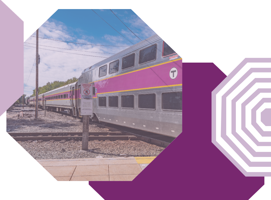 Decorative image from the cover of the Commuter Rail Zone Study, showing a photograph of a Commuter Rail train and a stylized version of the zone map.